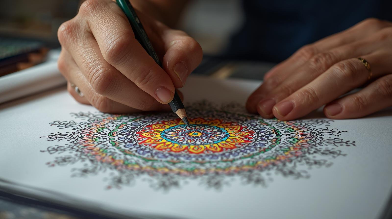 Close-up hands mindfully coloring detailed mandala design with premium colored pencils, showing focused attention and present-moment awareness for stress relief and meditation. adult coloring books