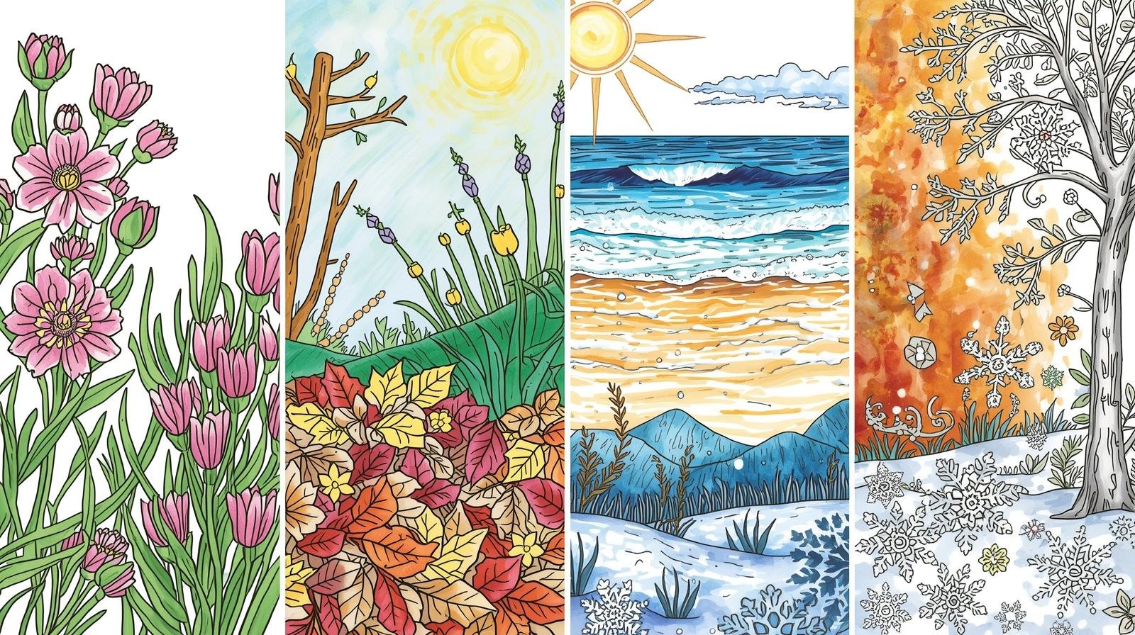 Four seasonal adult coloring pages representing spring flowers, summer beach, autumn leaves, and winter snowflakes for year-round mindfulness practice. printable coloring pages