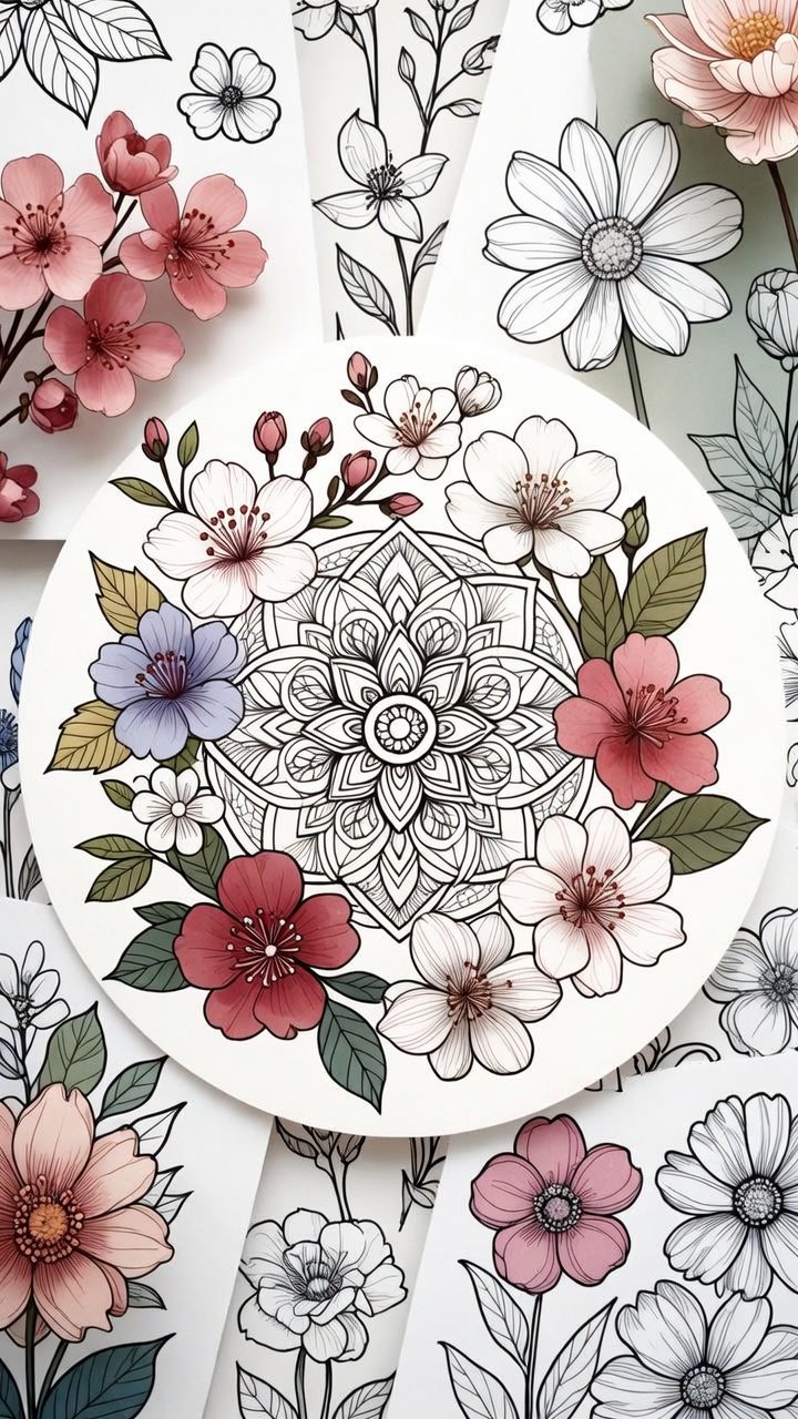 spring coloring pages featuring flowers, cherry blossoms, and garden mandalas