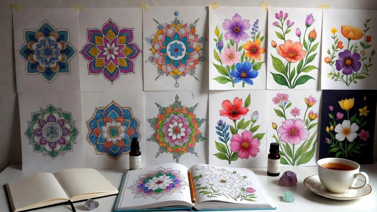 A collection of colored pages showing progression over time, from simple to more complex techniques