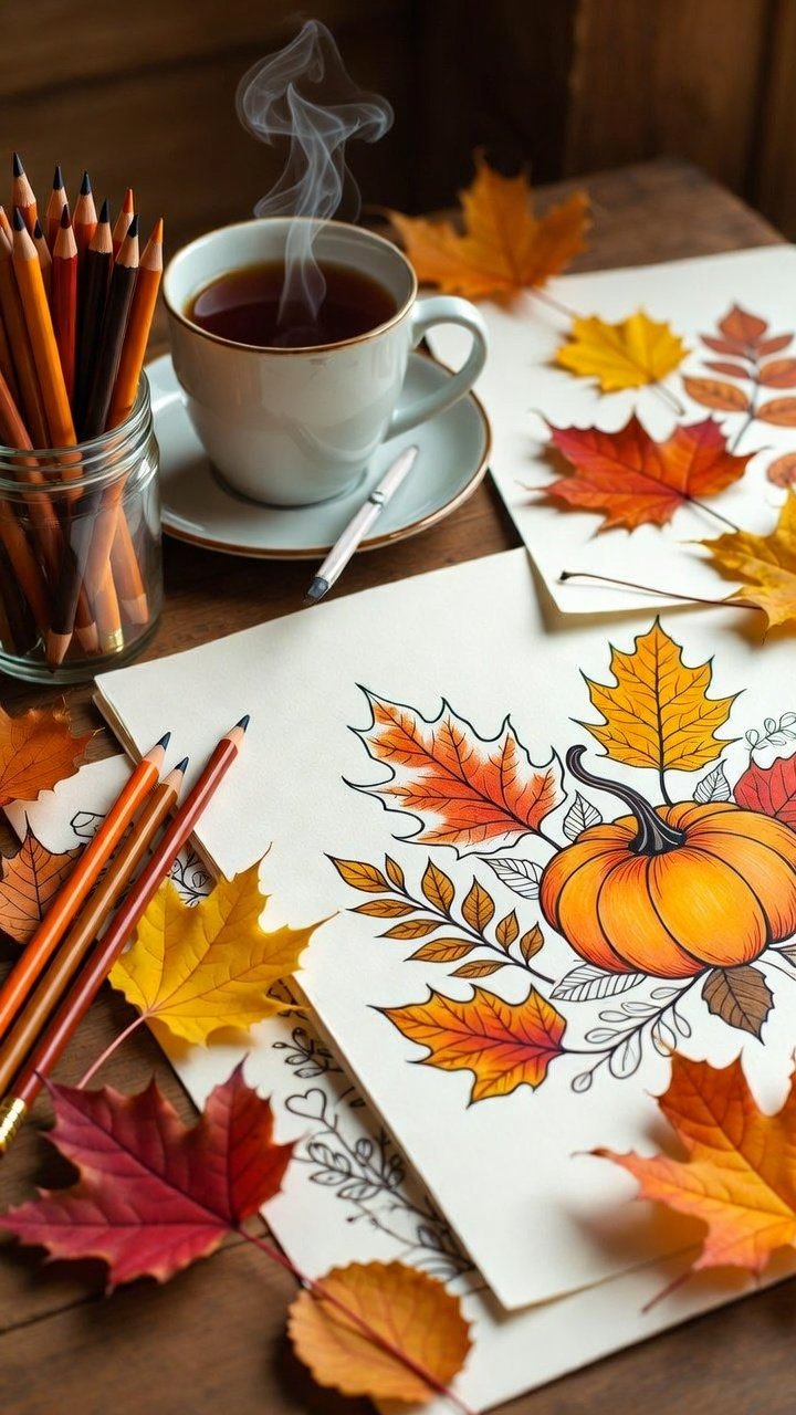 A cozy autumn scene with colored pencils, hot tea
