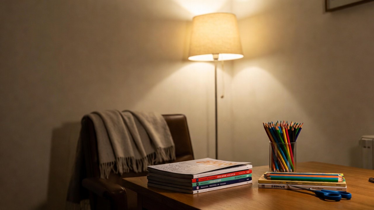 A cozy coloring nook with organized supplies, soft lighting, and a comfortable chair. Coloring meditation practice