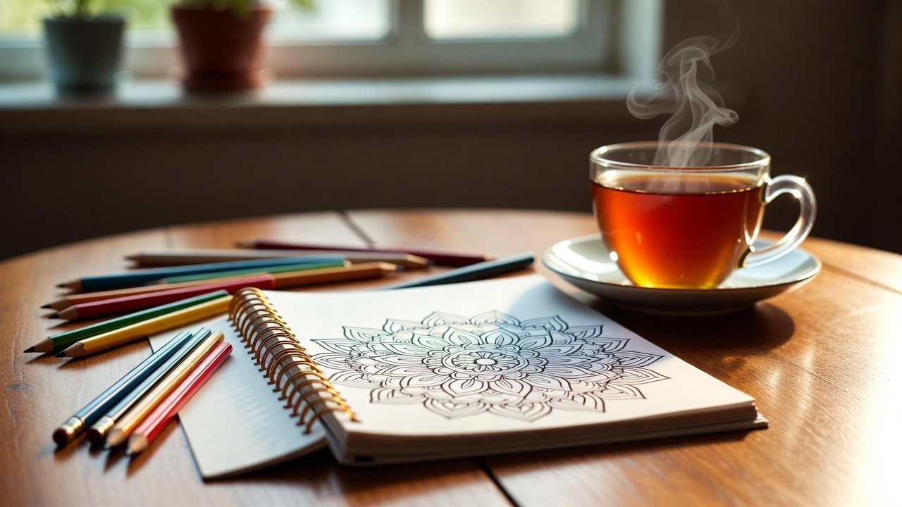 A cozy setup with a mandala coloring book, colored pencils, and a cup of tea on a wooden table. Mandala anxiety relief
