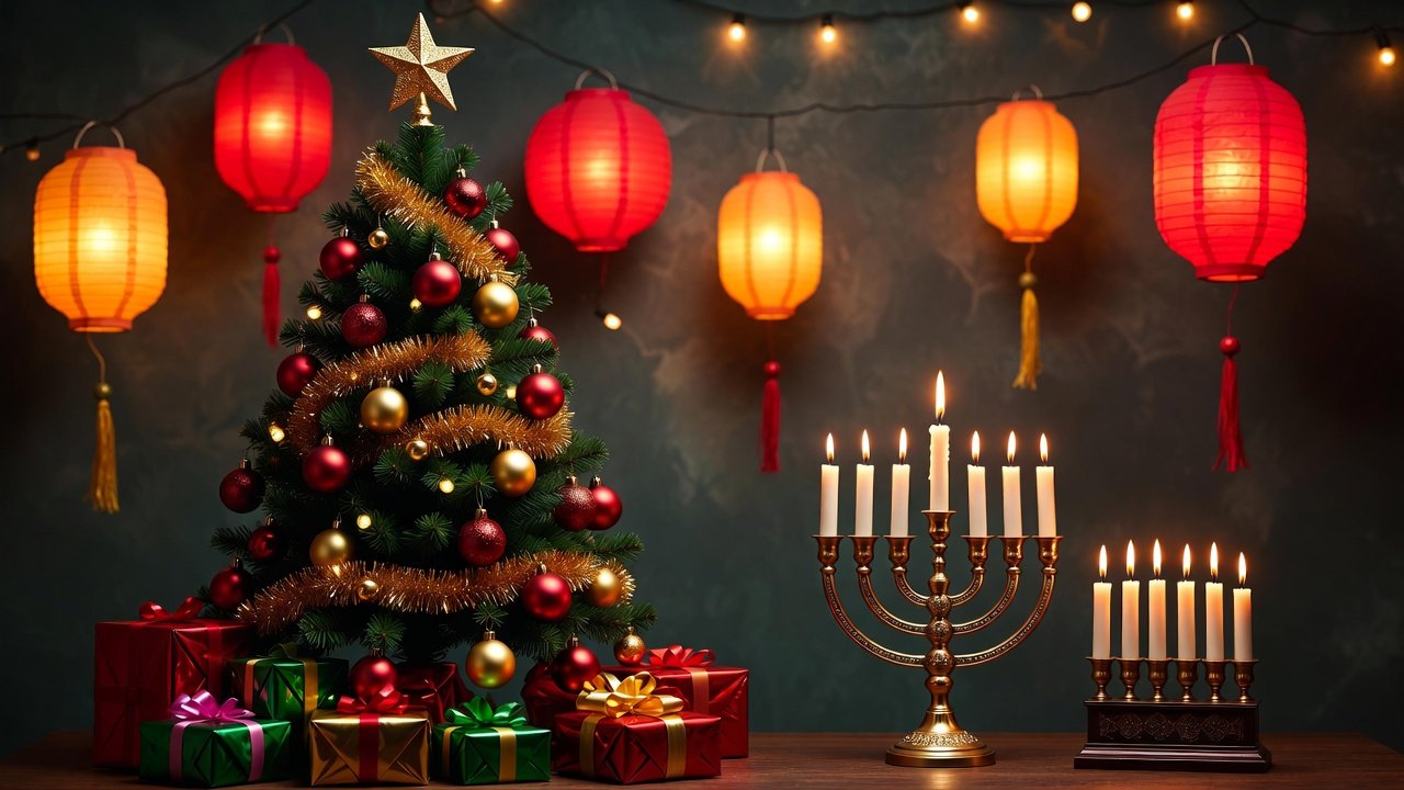 A detailed winter holiday scene featuring a beautifully decorated Christmas tree, menorah, kinara, and paper lanterns all arranged harmoniously, symbolizing diverse winter celebrations, with warm candlelight effects