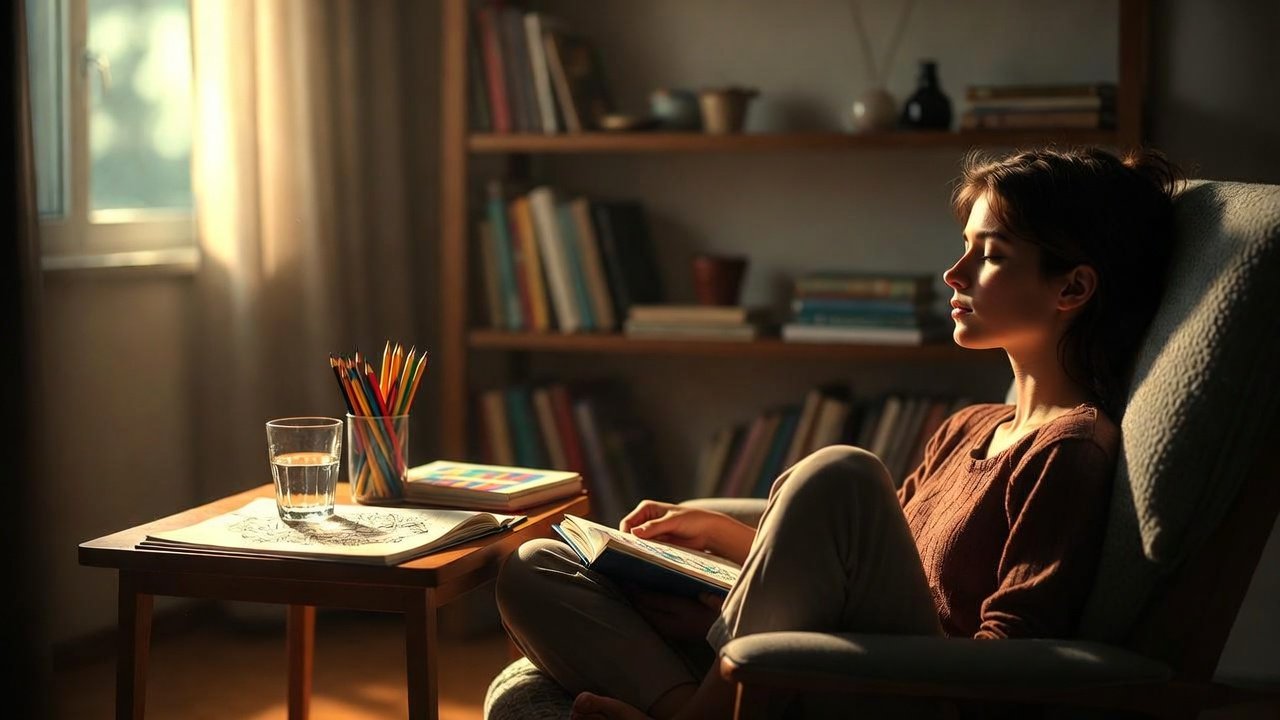 A person sitting peacefully with eyes closed, holding a coloring book, in a moment of intention-setting