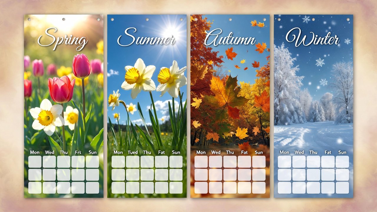 A seasonal art calendar layout with quarterly sections featuring spring flowers, summer sunshine, autumn leaves, and winter snowflakes alongside monthly planning grids