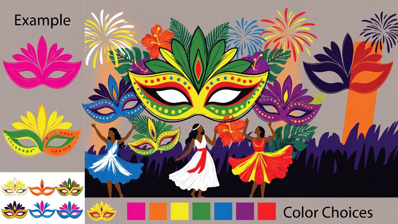 A vibrant summer festival scene with carnival masks, tropical flowers, fireworks, and dancing figures waiting to be colored, with example sections showing bright, bold color choices. Seasonal celebration coloring