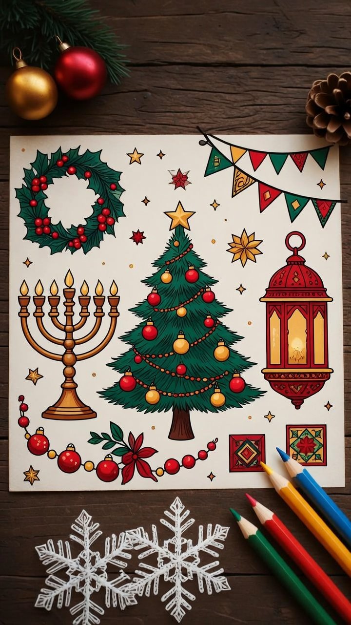 A warm inviting scene showing various winter holiday symbols from around the world V