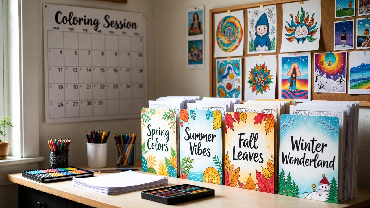 A well-organized coloring station with seasonal pages filed in colorful folders, a calendar marking coloring sessions, and completed artwork displayed on a vision board