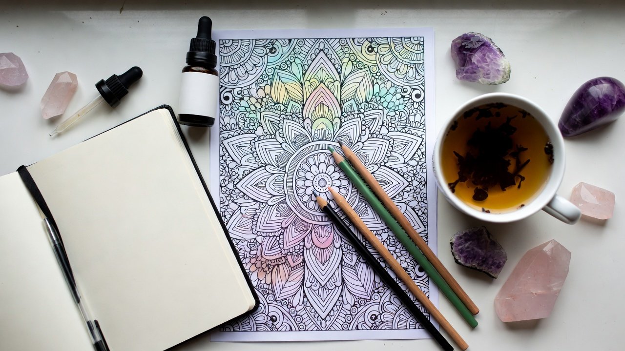 A wellness flat lay showing a coloring book surrounded by a journal, essential oils, tea, and crystals