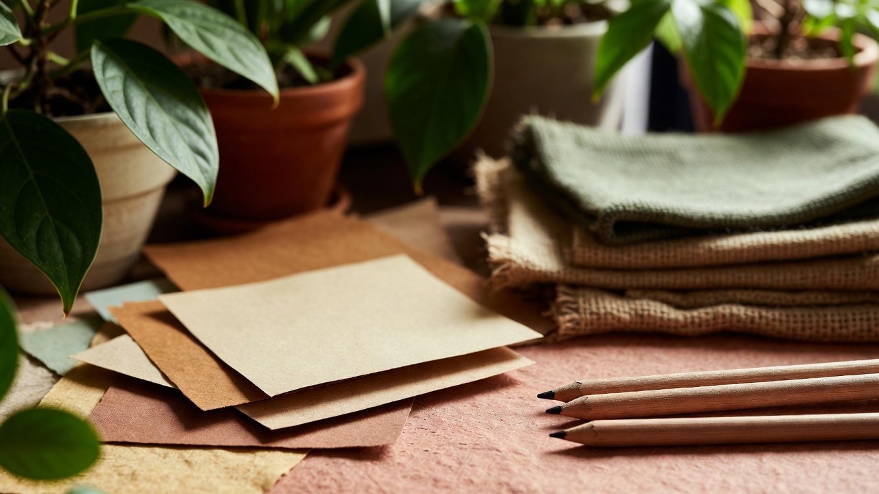 An eco-friendly coloring setup featuring recycled paper, sustainable wooden pencils, natural fiber textiles, and potted plants, demonstrating environmentally conscious creativity