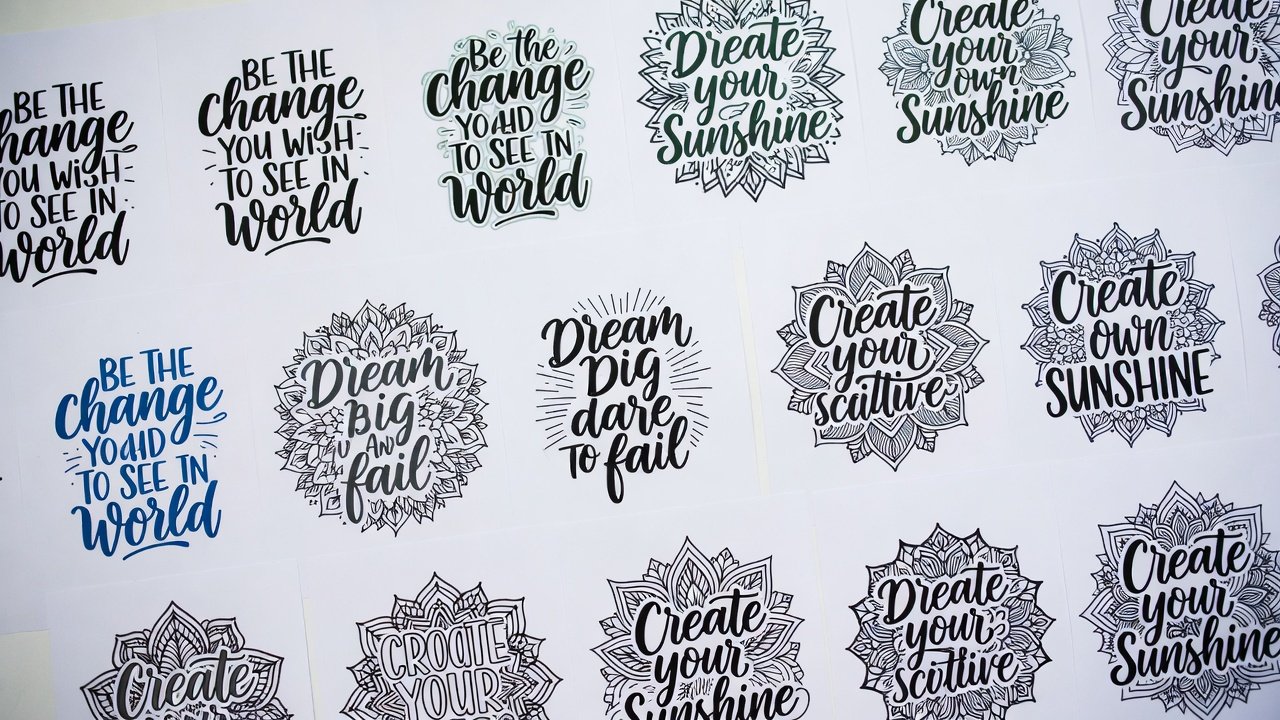 Array of inspirational quotes coloring pages spread out showing different designs and motivational themes