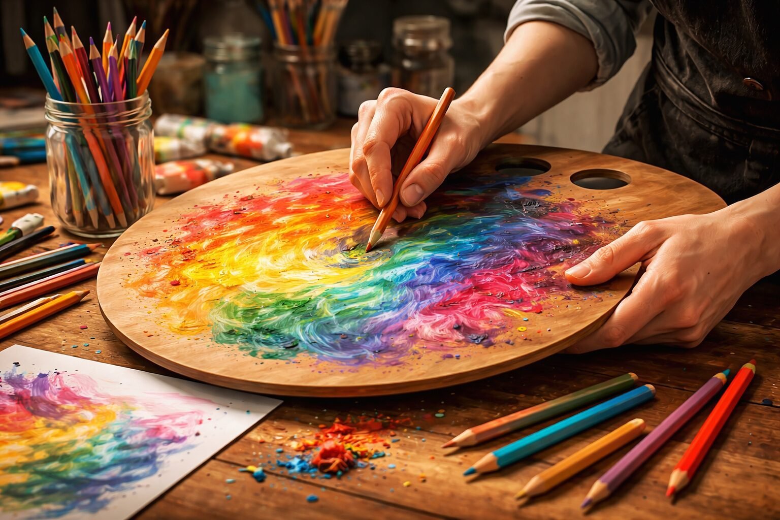 Artist blending colors with pencils on a palette. color blending techniques
