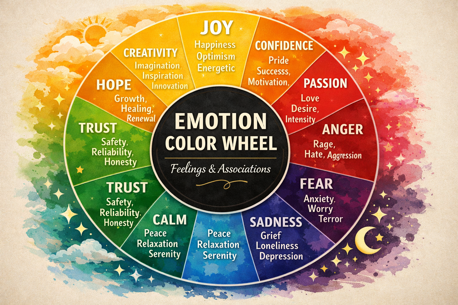 Artistic color wheel showing emotional associations and feelings connected to each hue. Using color to express emotions
