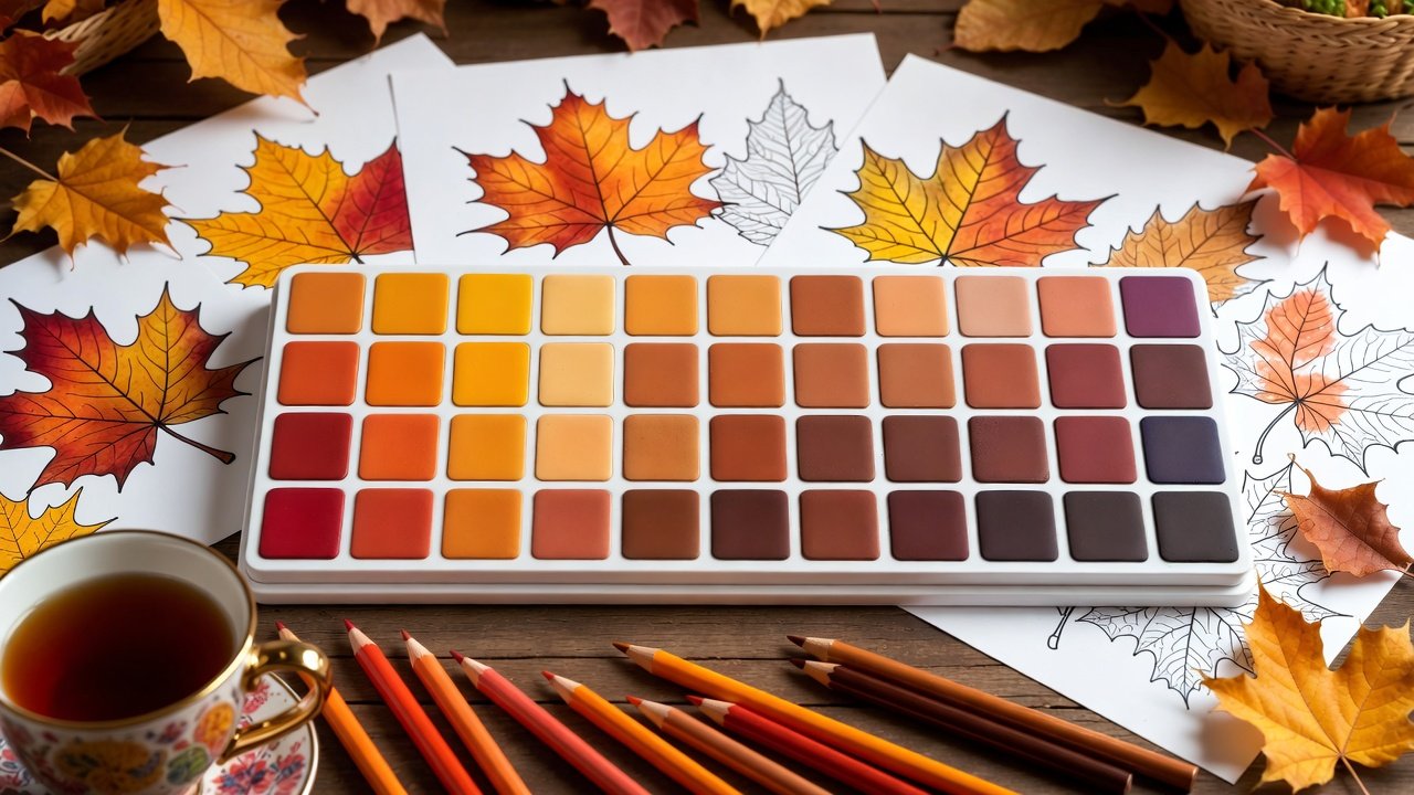 Autumn color palette display showing warm fall shades arranged in gradient from bright oranges to deep browns and muted purples - color reference guide for autumn coloring pages for adults. Fall coloring themes