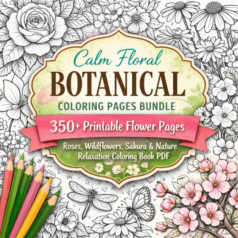 Calm Floral Botanical Coloring Pages Bundle