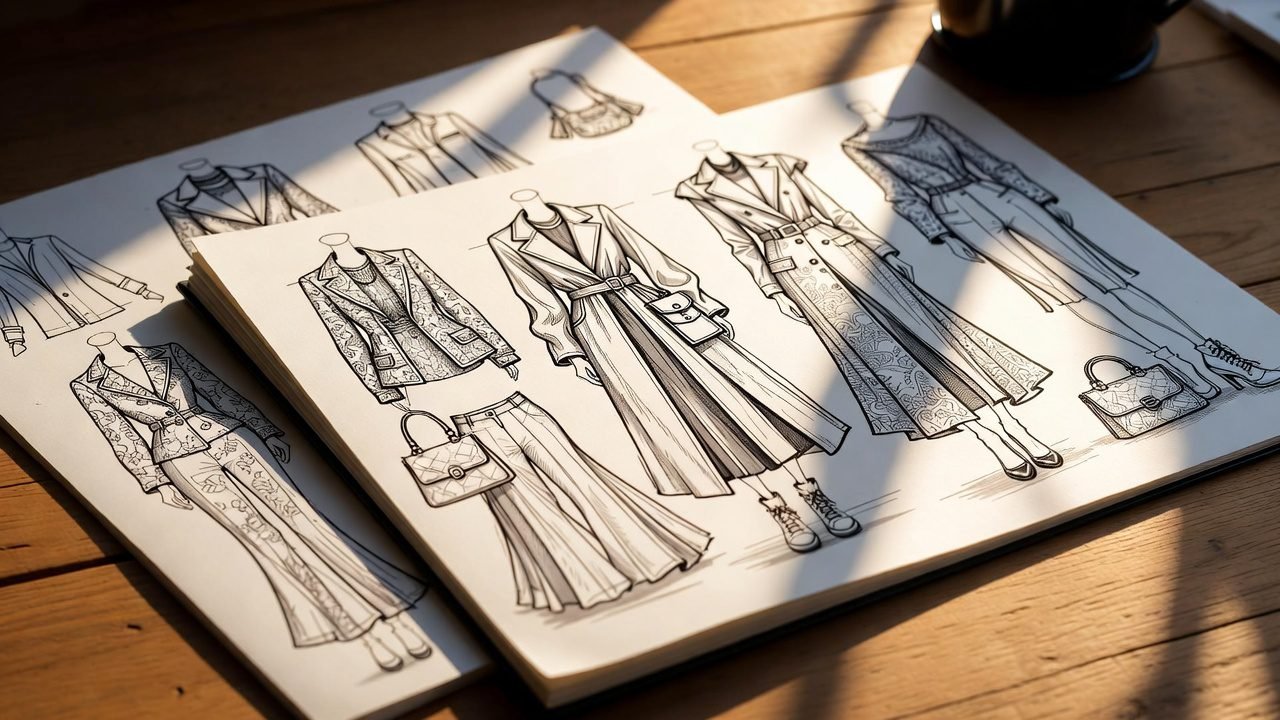 Calming fashion coloring pages for adults relaxation – stylish sketch designs spread on a cozy desk.