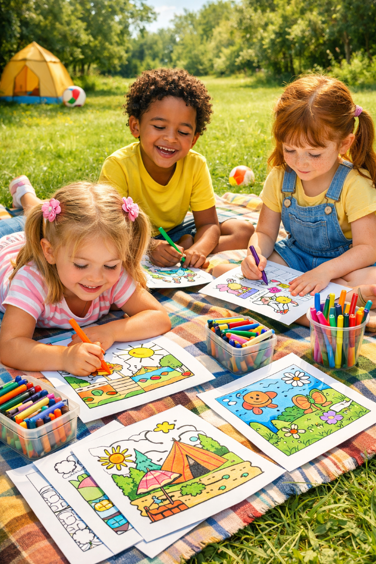Children enjoying summer coloring pages for kids outdoors with crayons and markers