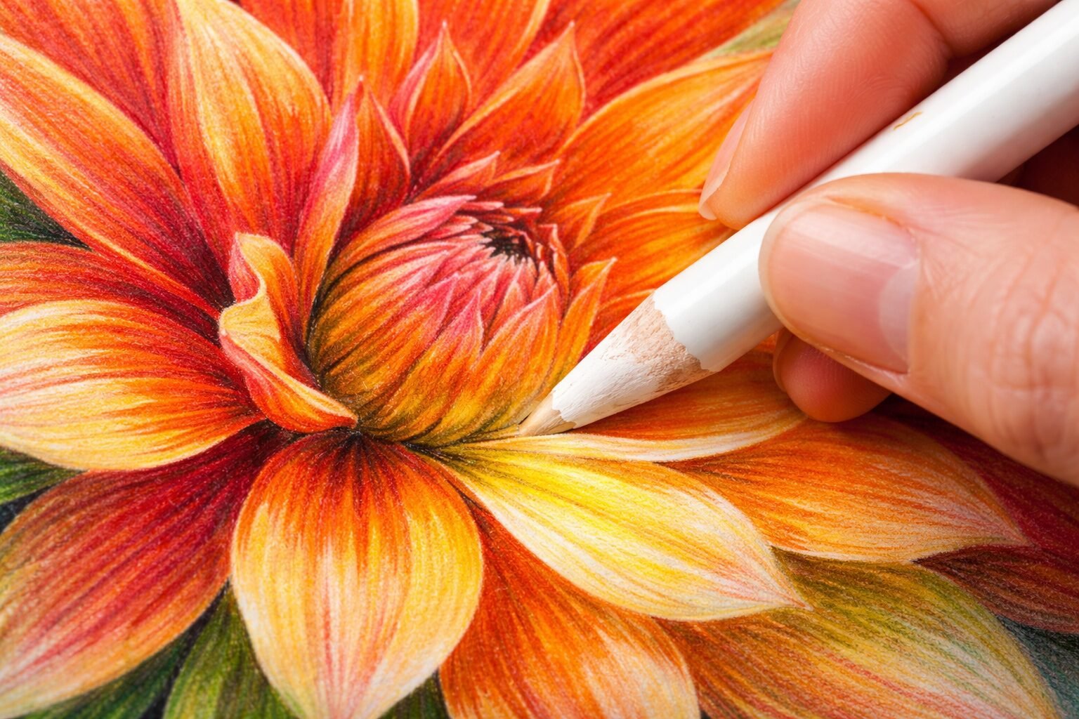 Close-up of burnishing technique on colored pencil art. professional color blending