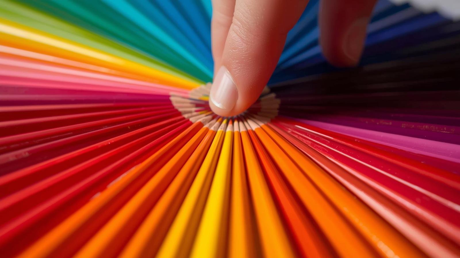 Close-up of colored pencils arranged in a rainbow spectrum, with a hand hovering above them, suggesting mindful selection. relaxation coloring