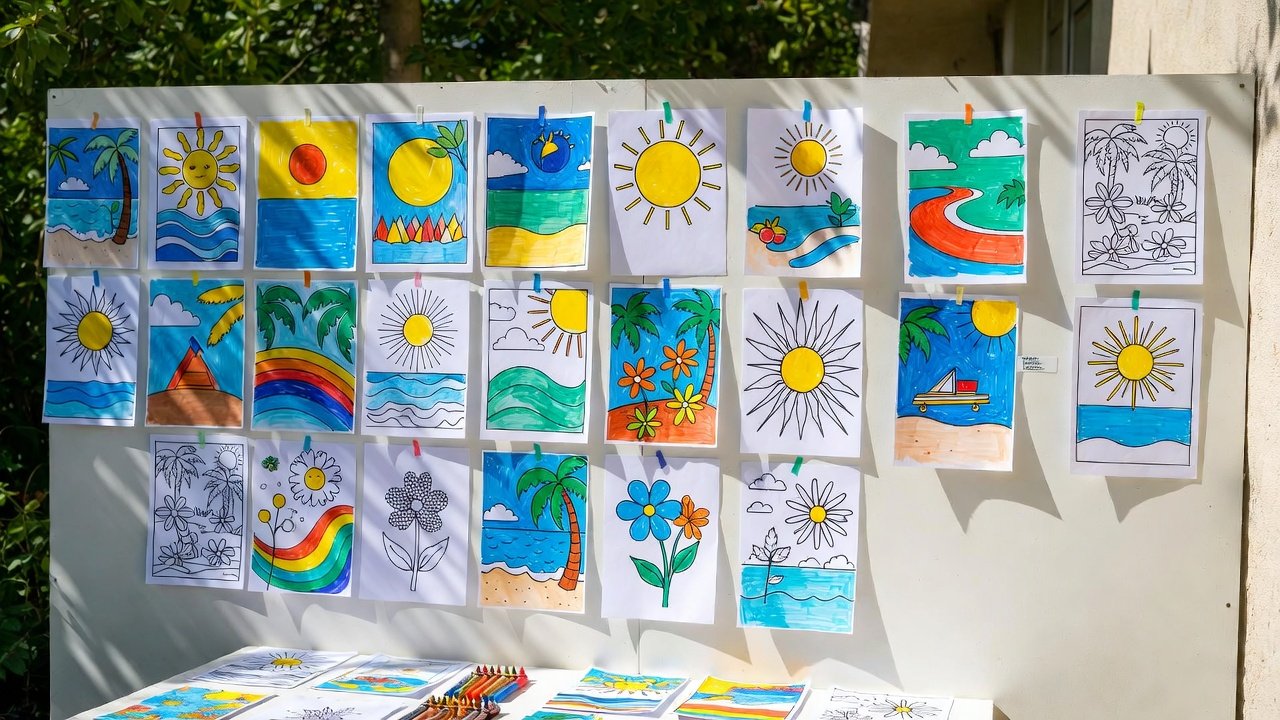 Colorful summer artwork displayed on a gallery wall showcasing children's completed coloring pages