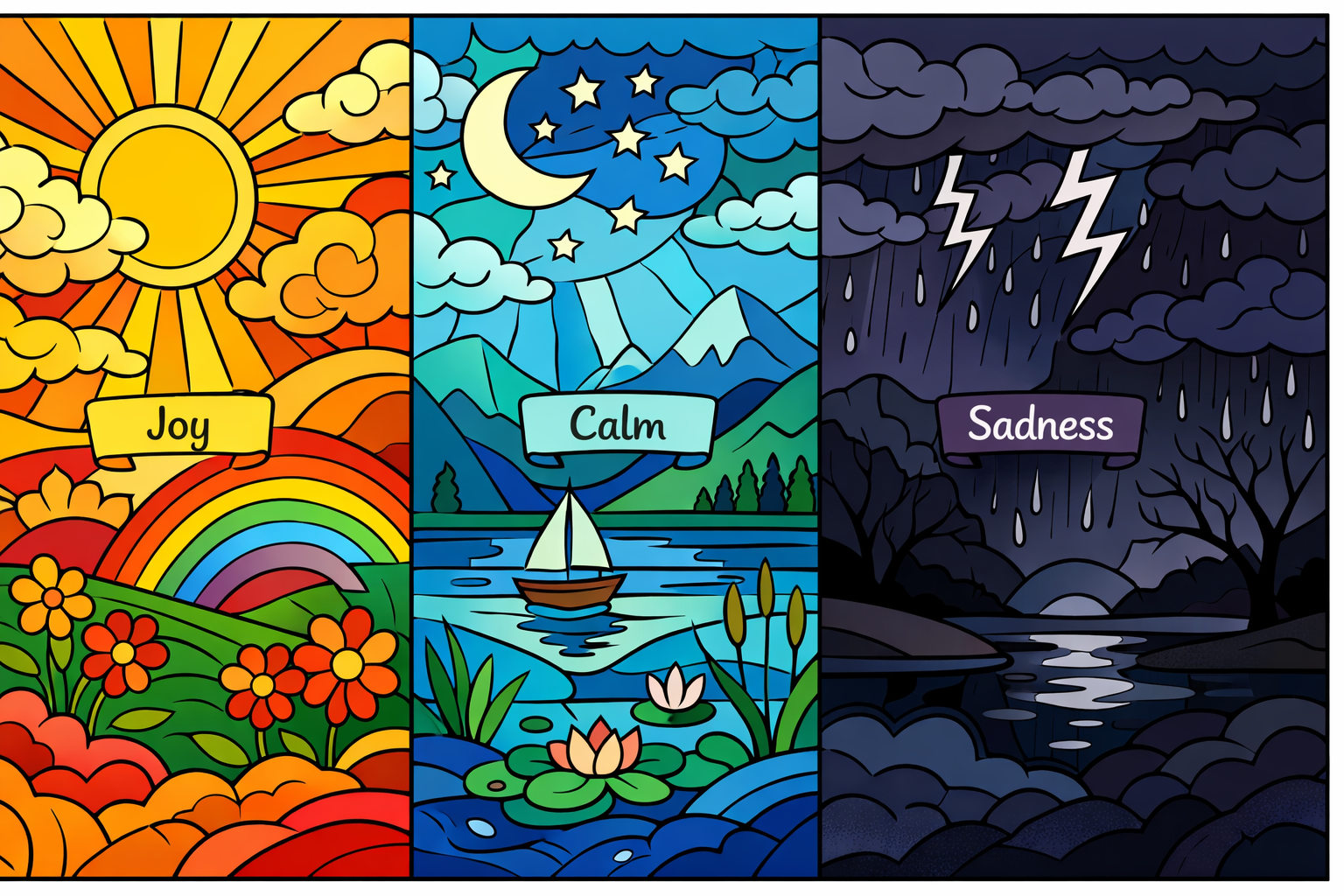 Coloring page showing different sections colored with various hues, with small labels indicating emotions—warm colors for joy, cool colors for calm, darker tones for sadness. mental wellness