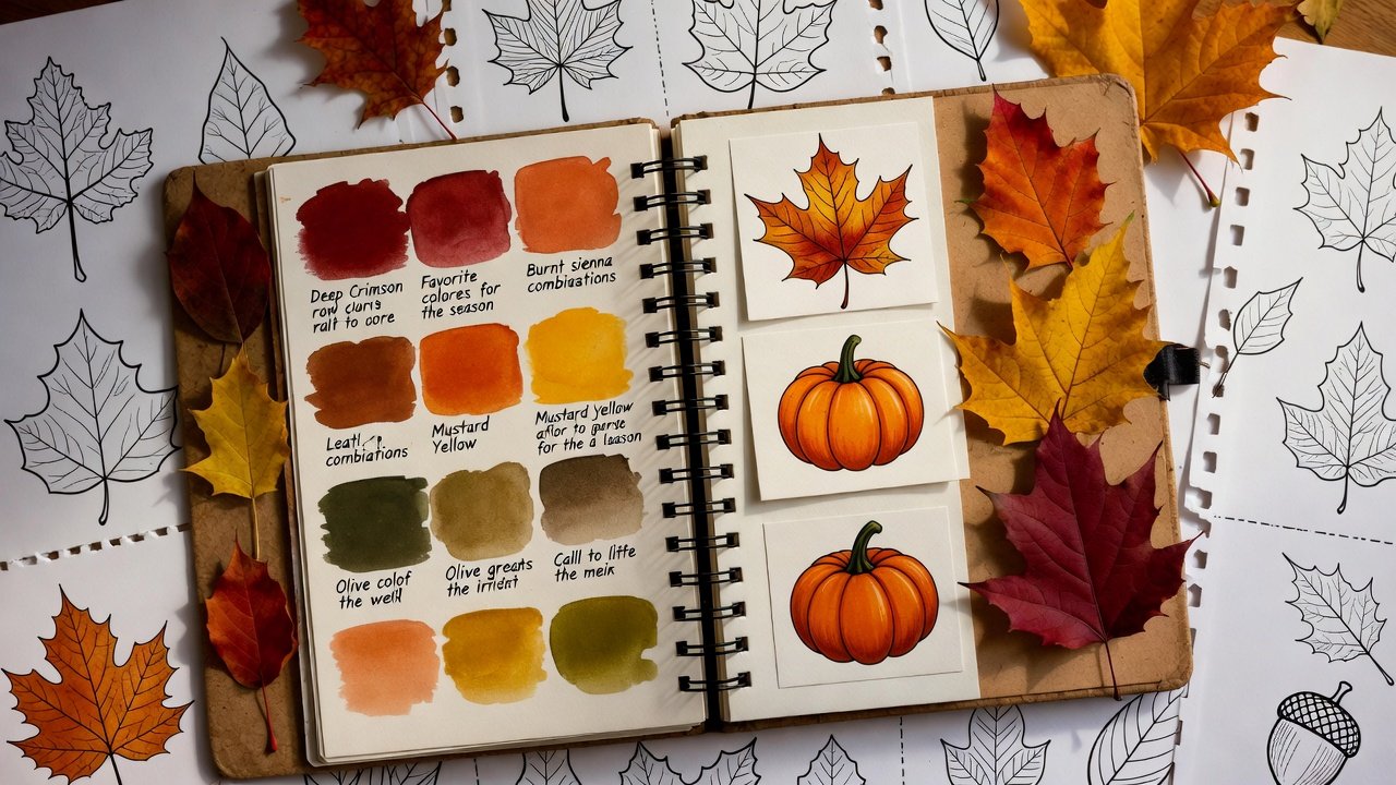 Colorist's autumn journal showing color swatches, notes about favorite fall combinations, and small completed autumn coloring designs - autumn coloring pages for adults organization tips