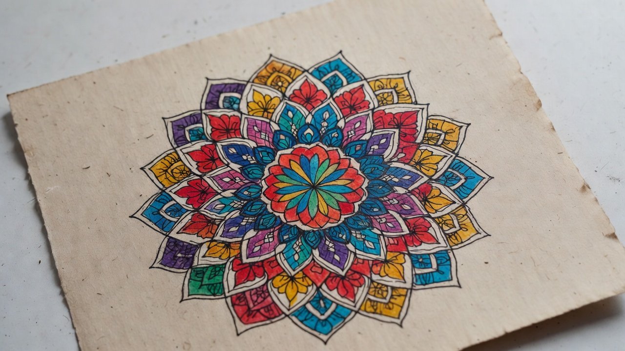 Completed mandala coloring example showcasing intricate patterns