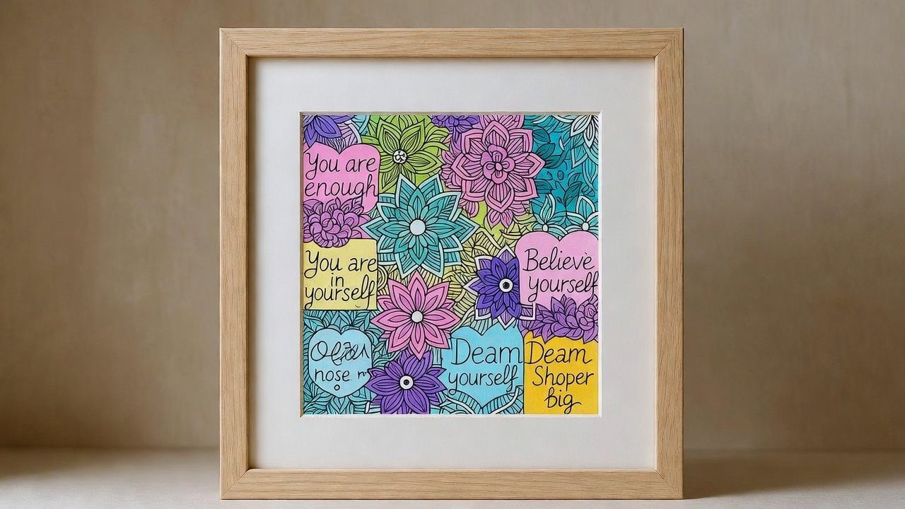 Completed motivational coloring page with positive quotes and beautiful colors displayed in a frame