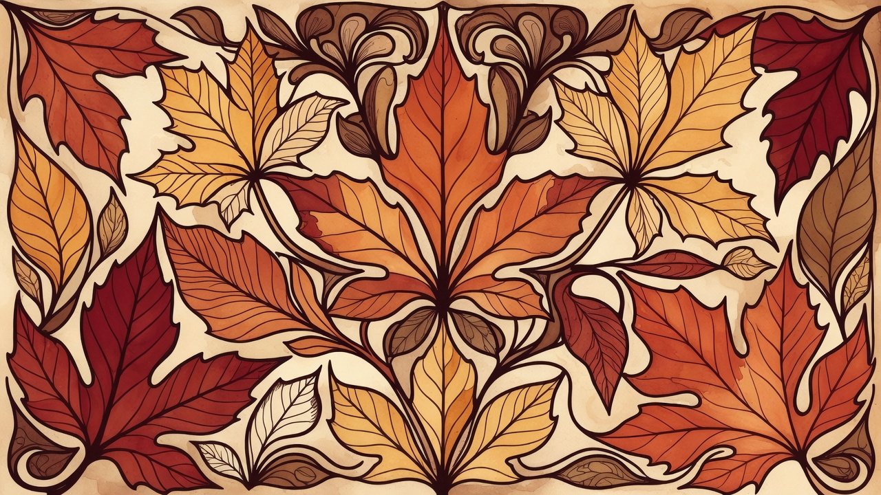 Creative fusion autumn coloring page showing fall leaves transformed into intricate mandala patterns with Art Nouveau influences - autumn art prompts for adults with artistic style. Fall coloring pages for relaxation
