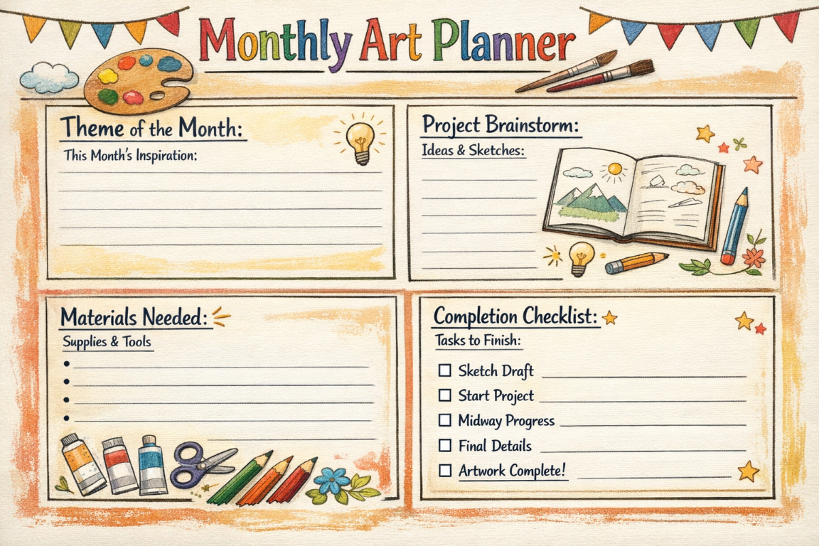 Example monthly art calendar page with sections for theme selection, project brainstorming, materials needed, and completion checkboxes