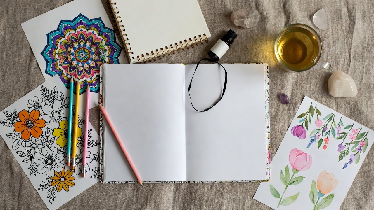 Examples of completed mandala, floral, and spring-themed coloring pages displayed together