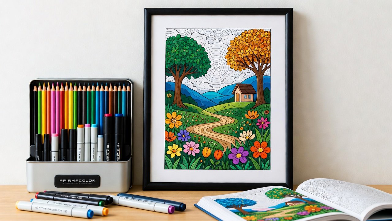 Finished coloring page displayed in frame next to organized coloring supplies representing complete creative journey with best coloring tools for adults. new coloring pages