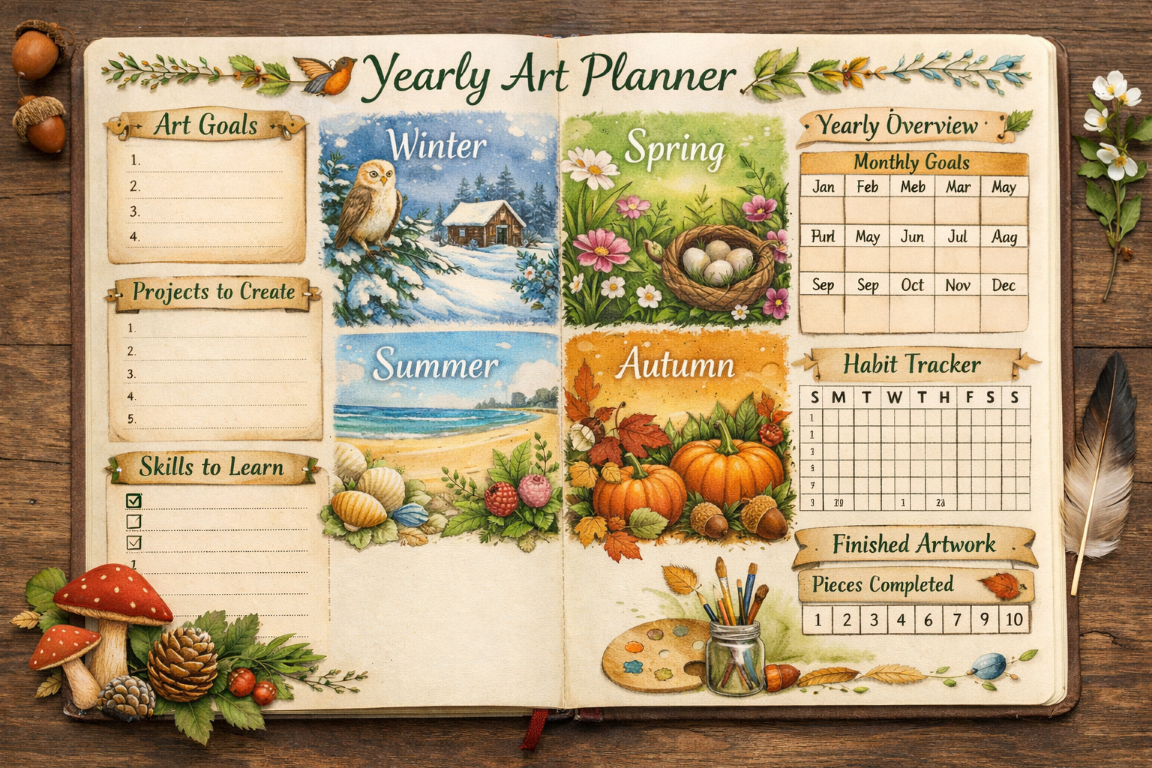 Full-year art planning spread with goal-setting sections, seasonal divisions, and tracking charts decorated with nature-inspired illustrations
