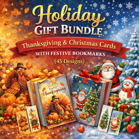 Holiday Gift Bundle – Thanksgiving & Christmas Cards with Festive Bookmarks