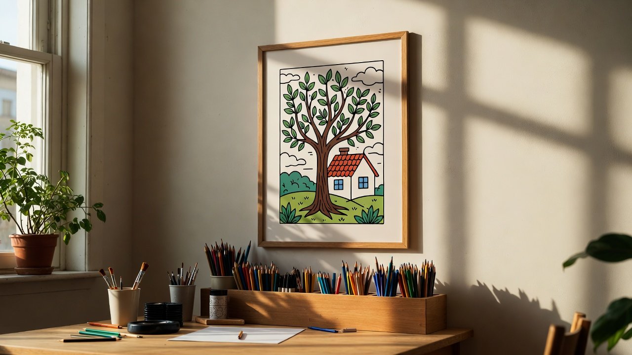 Inspirational image showing a completed coloring page displayed on a wall, with art supplies neatly arranged below, natural light streaming in, suggesting an inviting practice space. art therapy