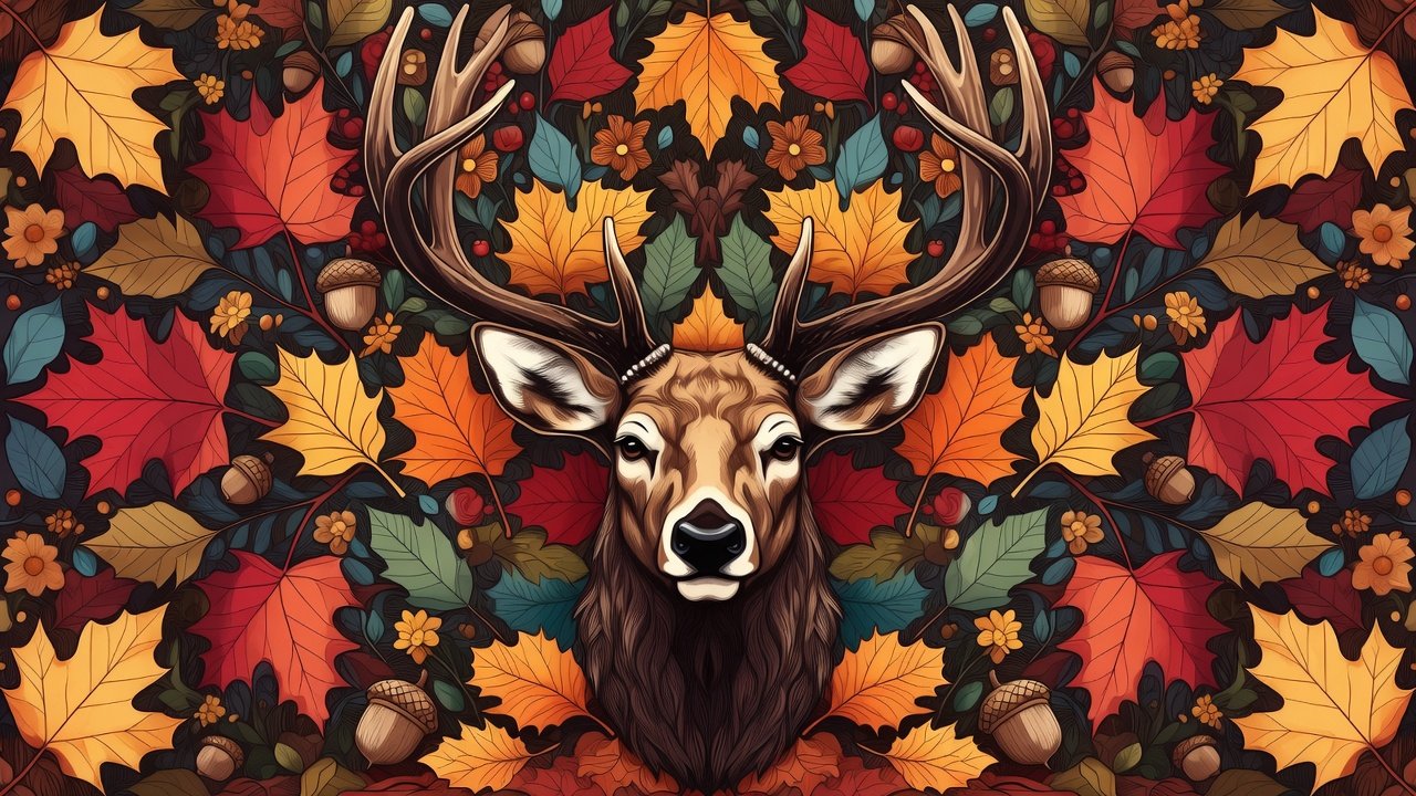Intricate autumn wildlife coloring page featuring majestic deer surrounded by fall leaves, acorns, and seasonal flowers in detailed mandala-style design - fall coloring themes for relaxation. Cozy coloring ideas