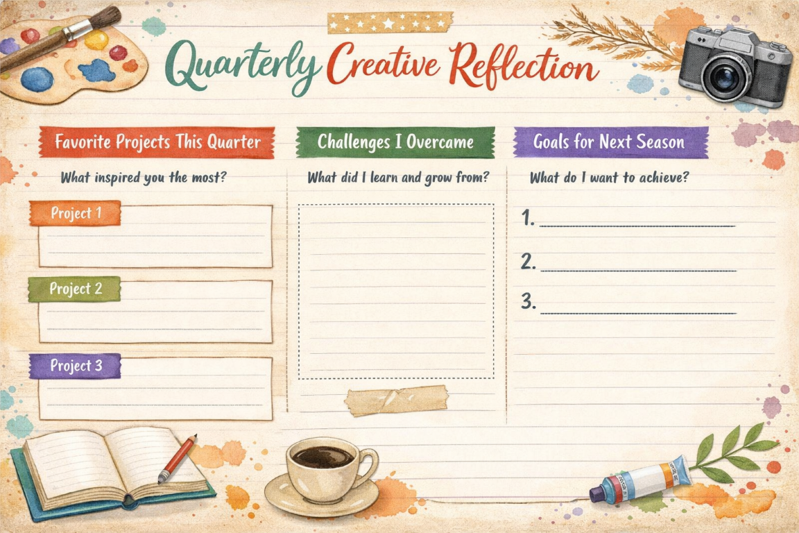 Journal page template for quarterly creative reflection with prompts about favorite projects, challenges overcome, and goals for next season