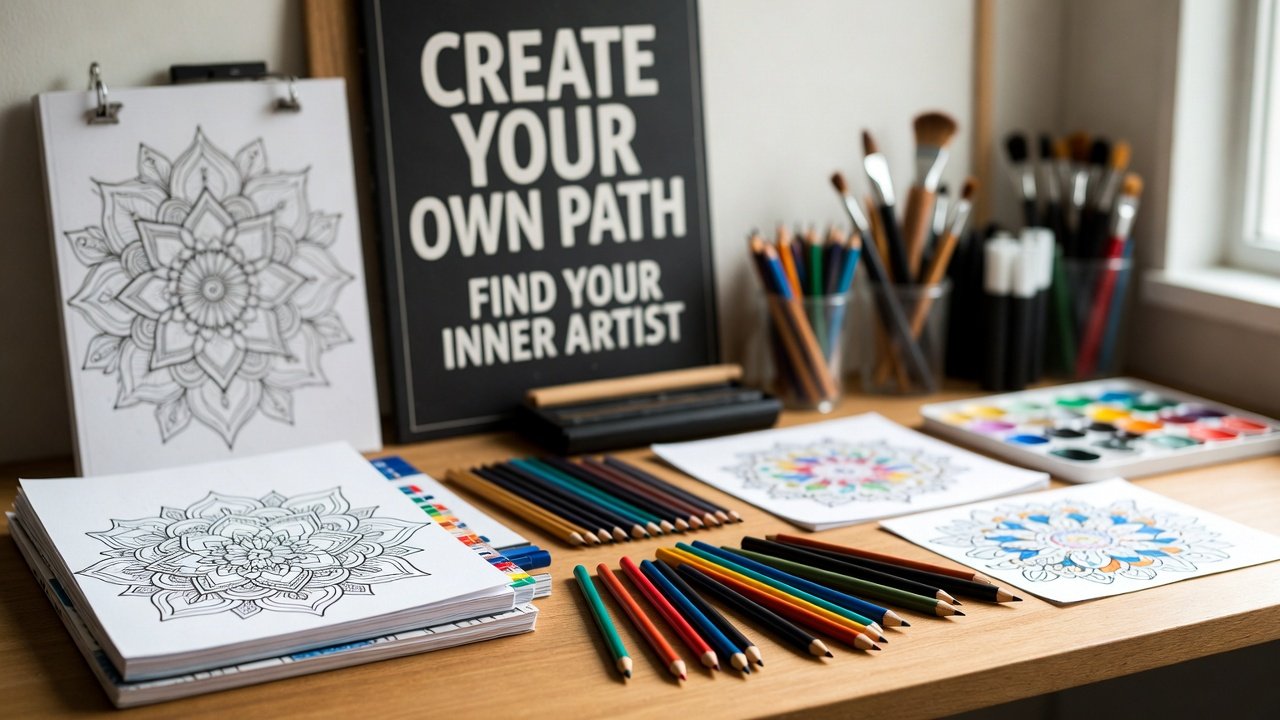 Organized coloring station with motivational art for adults, colored pencils, markers, and inspiring quote coloring pages