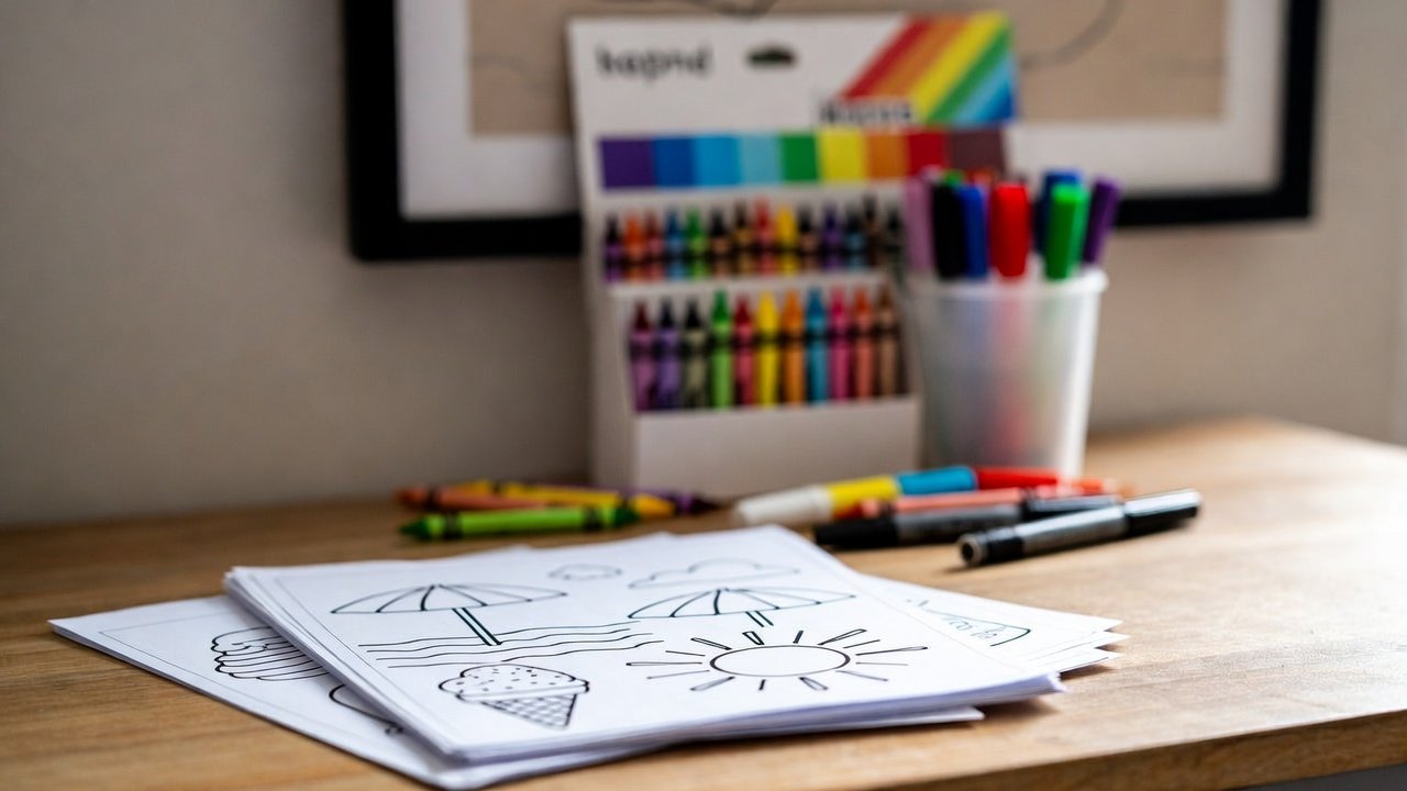 Organized kids' art station with summer coloring pages, crayons, and markers for fun summer activities for kids at home. Fun summer activities for kids at home
