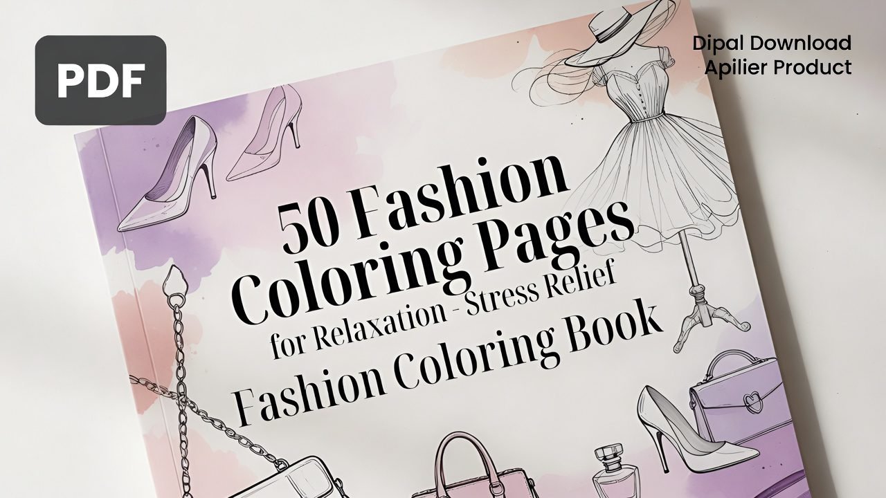 PDF download mockup of 50 Fashion Coloring Pages for Relaxation – stress relief fashion coloring book PDF cover preview. calming fashion design coloring pages for teens