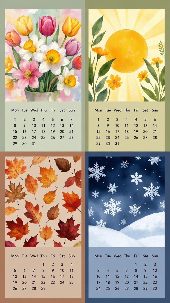 Seasonal art calendar layout with quarterly sections featuring spring flowers, summer sunshine, autumn leaves, and winter snowflakes alongside monthly planning grids