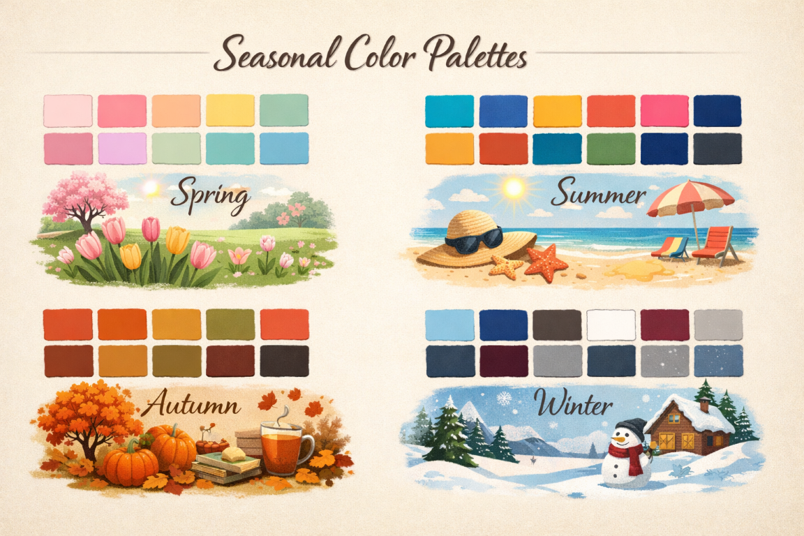 Seasonal color palette guide displaying coordinated colors for each season with paint swatches and matching themed illustrations