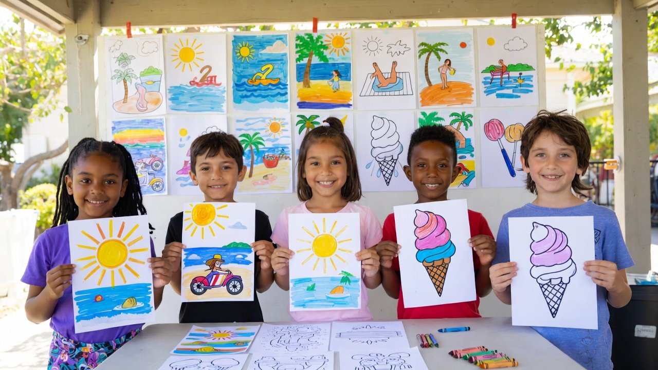 Smiling children proudly displaying their completed summer coloring pages