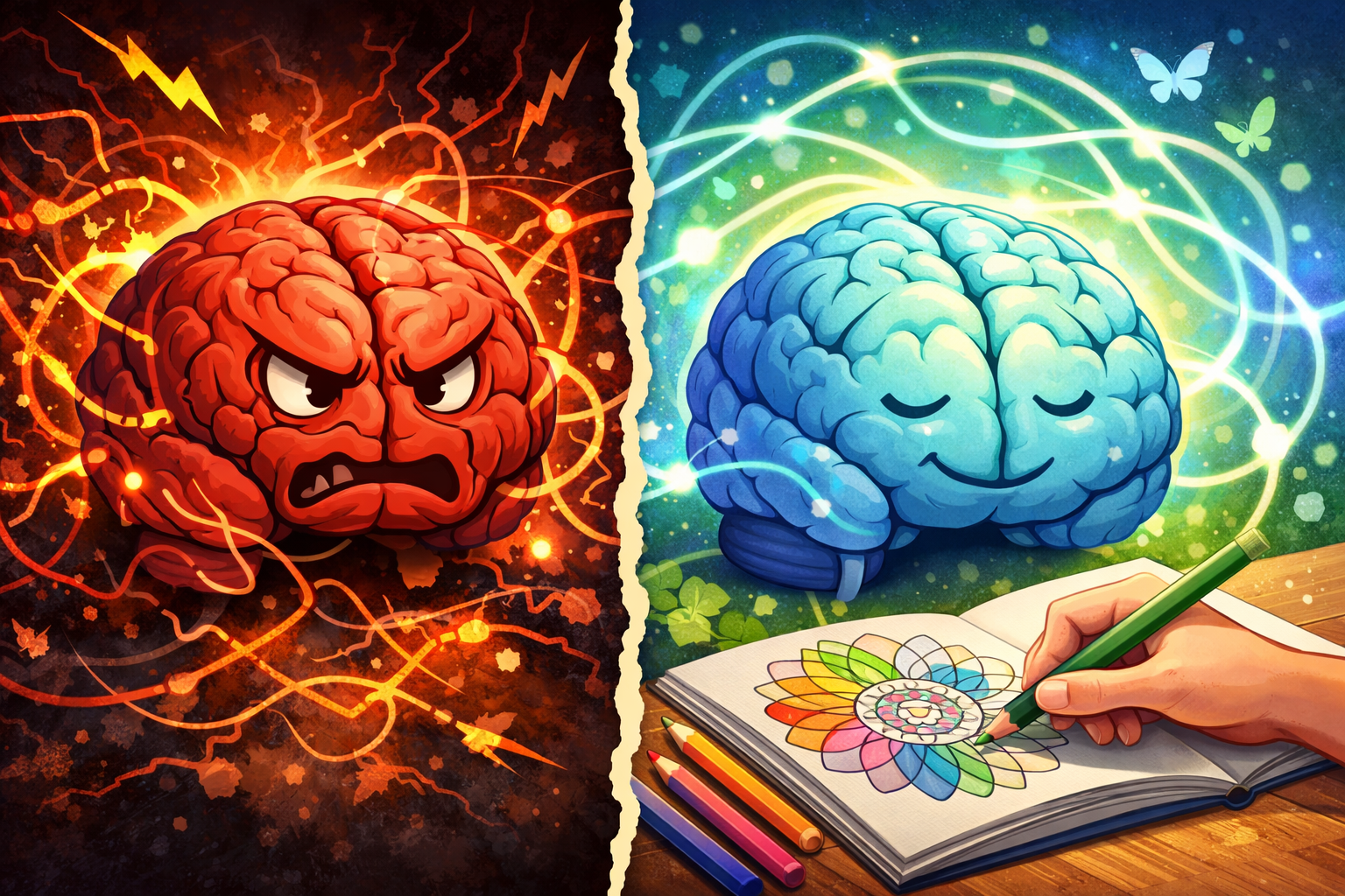 Split-screen illustration showing a stressed brain with chaotic neural pathways versus a calm brain during coloring with organized, flowing pathways. stress relief coloring pages