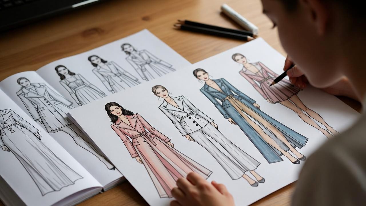 Teen girl coloring aesthetic fashion sketch pages – calming fashion design coloring pages for teens on a wooden desk.