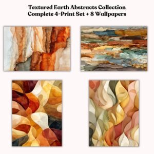 Abstract wall art bundle featuring four coordinated earth tone prints arranged as a modern gallery wall, printable wall art set in warm neutral colors, digital download bundle for home decor.