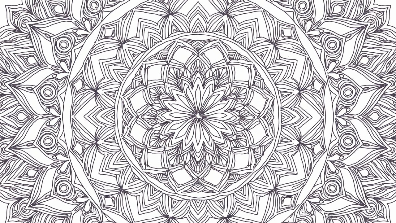 Uncolored mandala outline with intricate symmetrical patterns, ready for detailed coloring and shading techniques