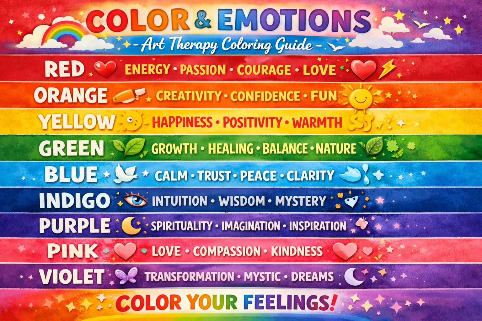 Vibrant color palette showing emotional associations with different hues for art therapy coloring. Art and emotions