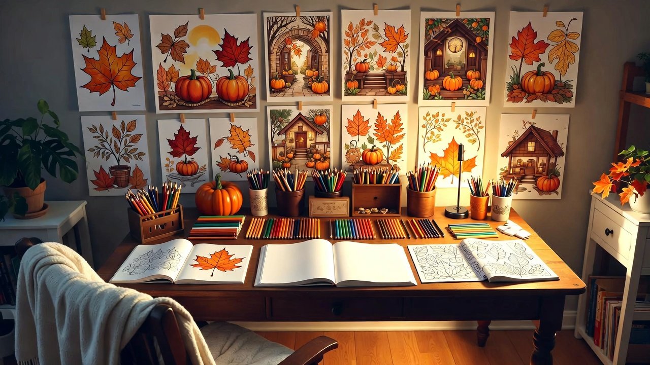 Welcoming autumn coloring station with organized supplies, inspiring fall designs displayed, and cozy chair ready for creative sessions - perfect setup for cozy coloring ideas